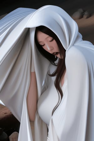 a large flowing white hooded veil pile , and large white flowing gown covers and buries the head of an shrinking asian vampire bride sunken underneath
