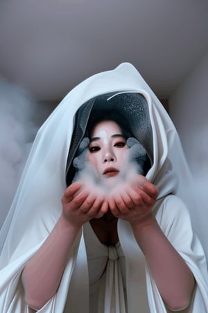 asian witch shrinking melting disintegrating getting smaller going inside buried underneath massive white hooded veil pile , and massive white flowing bubbling gown 