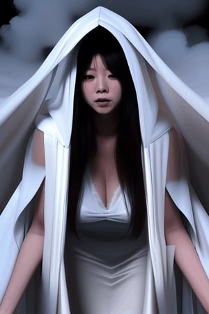 asian witch shrinking melting disintegrating getting smaller going inside buried underneath massive white hooded veil pile, and massive white flowing smoky gown, shrinking scene 
