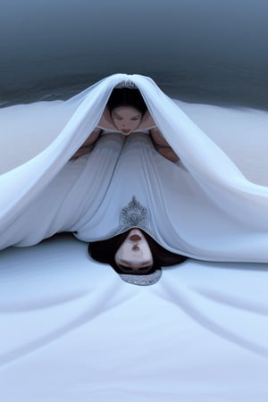 Asian bride witch’s head sinking buried underneath a large amount of flowing white cloak covered full body  