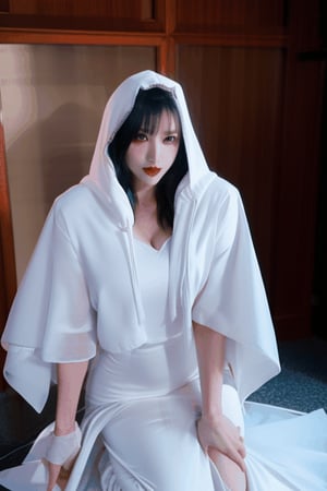 kneeling full body Asian vampire empress shrinking process and gets covered inside falling collapsing large flowing white hooded veil pile , and large white flowing gown falling