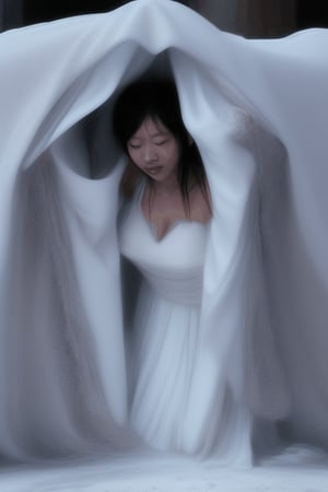 oz melting scene: asian witch shrinking melting  disintegrating getting smaller and buried underneath massive white veil pile , and massive white flowing bubbling gown 