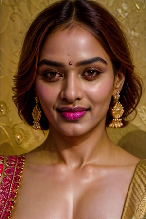(best quality,4k,8k,highres,masterpiece:1.2),ultra-detailed,(realistic,photorealistic,photo-realistic:1.37),beautiful,indian woman,(expressive eyes:1.1),(radiant smile:1.1),close-up,portrait,(smooth skin:1.1),(long,shiny hair:1.1),vibrant colors,studio lighting,ethnic jewelry,traditional attire (sari),ornate henna design,delicate facial features,graceful pose,serene expression,subtle makeup,rich textures,deep gaze,gorgeous accessories,exquisite craftsmanship,soft shadows,subtle highlights,warm color palette,aesthetic composition,striking contrast,detailed patterns,impeccable clarity,natural beauty,luminous complexion,regal elegance,unforgettable charm,intense gaze,dreamy ambiance,radiant personality,colorful backdrop,18+