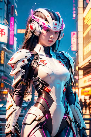 Best picture quality, high resolution, 8k, realistic, sharp focus, realistic image of elegant lady, beauty, supermodel, long hair, beautiful eyes, wearing high-tech cyberpunk style pink suit, radiant Glow, sparkling suit, mecha, perfectly customized high-tech suit, ice theme, custom design, 1 girl,swordup, looking at viewer,JeeSoo, mygirl,zzmckzz,bsp,Cyberpunk,  mecha headgear