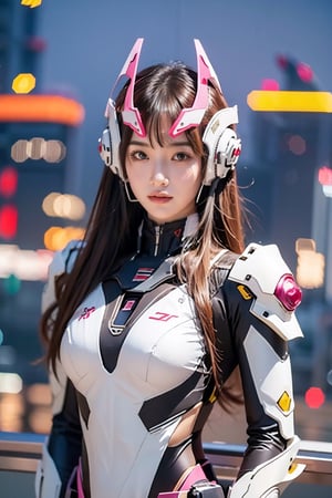 Best picture quality, high resolution, 8k, realistic, sharp focus, realistic image of elegant lady, beauty, supermodel, long hair, beautiful eyes, wearing high-tech cyberpunk style pink suit, radiant Glow, sparkling suit, mecha, perfectly customized high-tech suit, ice theme, custom design, 1 girl,swordup, looking at viewer,JeeSoo, mygirl,zzmckzz,bsp,Cyberpunk,C7b3rp0nkStyle , mecha headgear