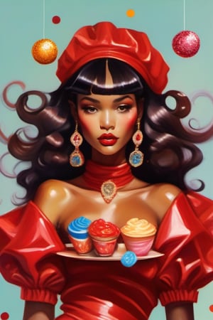 Miniature women with long, curly chocolate-brown hair, wearing elegant, shiny red outfits adorned with gems, standing in a coffee cup with colorful sprinkles around them