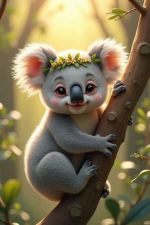 (photorealism:1.2), adorable baby koala, clinging to a eucalyptus tree, wearing a tiny eucalyptus leaf crown, fluffy fur and big round eyes, surrounded by a sunlit forest and soft breezes, warm and sunny day, peaceful and content mood, gentle smile with a curious gaze, soft greens and browns, early afternoon, Australian Fantasy style, by Beatrix Potter, soft textures and bright light, mid-shot, tree hugger cuteness, (best shadow), (realistic lighting), (Abyss).
