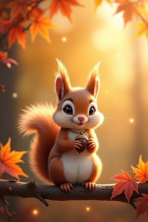 (photorealism:1.2), adorable baby squirrel, perched on a branch, wearing a tiny acorn pendant, bushy tail and big round eyes, surrounded by autumn leaves and twinkling sunlight, warm and golden day, lively and curious mood, bright smile with tiny paws clutching a nut, warm oranges and reds, early afternoon, Autumn Fantasy style, by Beatrix Potter, detailed textures and warm lighting, close-up shot, woodland delight, (best quality), (realistic lighting), (8k resolution).
