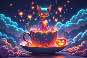 A beautiful, slim, and toned cat girl with a voluptuous chest stands within a whimsical teacup environment. The teacup is set against a starry night sky of deep blues and purples, with miniature cosmic landscapes unfolding inside. Heart-shaped flames dance around her, highlighting her sleek figure and cosmic fur, a blend of oranges, reds, and blues. She has sharp features, captivating eyes, and long, elegant ears, with her toned body adorned in a form-fitting, cosmic-themed outfit. A glowing jack-o'-lantern sits on the saucer, casting a soft golden glow. The magical scene, filled with floating clouds and stars, combines fantasy and surreal charm, rendered in vibrant colors and high-definition 8k resolution, inspired by fantasy art and Unreal Engine 5.