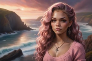 Create a realistic, UHD portrait of a girl in a cowboy shot style. She wears a knitted pink top, with bourbon-colored curly long hair and tattoos on her chest and hands. The background features coastal cliffs, dramatic skies, crashing waves, a rugged coastline, intense colors, and a powerful mood with sea spray and a twilight spectacle. The girl is shown in the shadow with crystal light reflections illuminating her face, making her so beautiful that she can charm anyone.