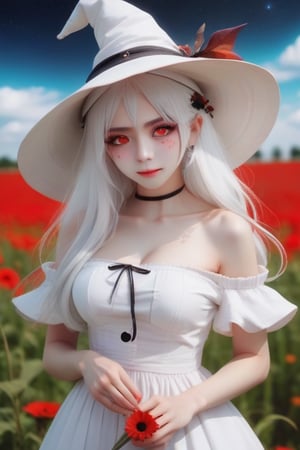 (masterpiece), best quality, expressive eyes, perfect face,Cute witch, witch hat, white hair, long hair, red eyes, white dress, off shoulder, flower field, AddXL, frengstyle, kawaii