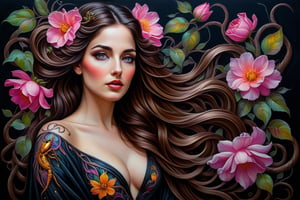 Masterpiece, impressionistic painting with vibrant, psychedelic colors, exaggerated expressive eyes, standing and facing the camera against a plain black background. The woman has flowing brown hair intertwined with vines and pink flowers, inspired by Art Nouveau. She is serene, in a peaceful and dreamlike state. Her gown drapes over her shoulders, with a swirling organic backdrop subtly blending into the black. An intricate scorpion tattoo decorates her chest. Highly detailed and sensual, influenced by cosmic, Boris Vallejo, and 70s European comic art, with fine lines, splatter effects, and mild eroticism