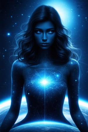 A vast and awe-inspiring image of a fair-skinned woman with long, wavy, curly dark brown hair, working as a galactic cartographer in the deep reaches of space. The scene is set aboard a starship, with the woman surrounded by holographic star maps and celestial data. She’s dressed in a sleek, futuristic uniform, her eyes focused as she charts unknown star systems and interstellar routes. Her bioluminescent tattoo on her chest glows in a deep, cosmic blue, resonating with the stars and galaxies she maps. The image captures the boundless exploration of the universe, with the woman as a modern-day navigator charting the vast and mysterious cosmos