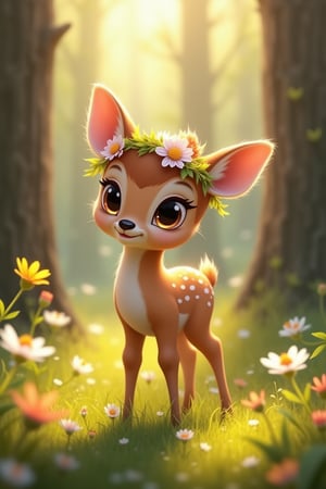 (photorealism:1.2), adorable baby fawn, standing in a sun-dappled forest, wearing a tiny flower crown, soft fur with white spots and big, bright eyes, surrounded by tall trees and vibrant wildflowers, warm and sunny day, gentle and curious mood, wide-eyed expression with delicate features, soft greens and yellows, mid-morning, Woodland Fantasy style, by Beatrix Potter, detailed textures and golden light, full-body shot, forest innocence, (best shadow), (realistic lighting), (Abyss).
