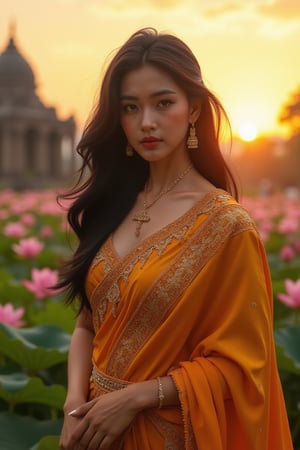  ((Hyper-detailed, enchanting Indian goddess)), ((dusky skin tone, intricately defined curves)), ((a woman standing in a vibrant garden at sunrise, lotus flowers in bloom, ancient temple in the background)), ((8k resolution, ultra detailed, maximum quality)), ((saffron and gold silk saree with intricate embroidery, flowing cape, elegant silhouette)), ((full figure supermodel, full-body in frame, perfect proportions)), ((long black hair with gentle curls, deep brown eyes, serene expression)), ((highly detailed features, warm golden light, captured with a Hasselblad H6D-100c camera))