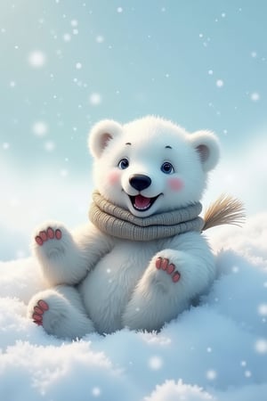 (photorealism:1.2), playful baby polar bear, rolling in the snow, wearing a tiny knitted scarf, fluffy white fur and bright eyes, surrounded by a snowy landscape with soft light, cold and clear day, joyful and energetic mood, wide grin with a playful pose, cool blues and whites, late morning, Arctic Fantasy style, by James Gurney, detailed textures and crisp lighting, mid-shot, winter cuteness, (best shadow), (realistic lighting), (Abyss).
