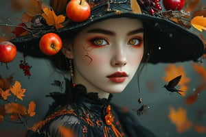 An ethereal and haunting girl with large, expressive green and gold eyes. She has pale, porcelain-like skin with delicate, soft features. Her makeup is dramatic, with bright red lips and dark, extended lashes. A thin, red line resembling a scar runs down from her eye, giving a slightly eerie, yet beautiful expression. She wears a black witch-like hat adorned with vibrant autumn elements, including a red and orange apple. Soft, pastel autumn leaves float around her, creating a dreamy, watercolor-like background. The scene has a whimsical, mysterious atmosphere, with a small black creature flying below, adding to the magical and slightly dark mood.