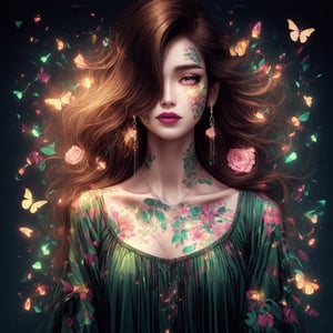 (Cubism), (geometric_background), (abstract_elements), a gorgeous Japanese girl with flowing long brown curly hair wearing a Parsi green frock with geometric flower prints on it, pointed chest, with colorful butterflies around her, ((fragmented_face)), closeup, [Cubist_Expression]+++, vivid_colors, geometric_shapes, particles, falling_magic, RTX, bloom, jewelry, earrings, necklace, bracelet made from flowers and leaves, long_hair, cubism_artwork, parted_lips, glowing_tattoos, backlight, dark_background, (geometric_flower_prints), (Silhouette_art)++, musician’s dark silhouette, Cubist_painting, fragmented, showcasing abstract elegance, sharp evening lighting, angular shadows, structured attire, intriguing expression