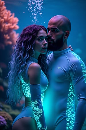 In a stunning underwater scene, a woman with wavy hair and a bioluminescent swimsuit floats near a vibrant Cape, surrounded by a colorful coral reef. Her hair glows in shades of aqua and purple, while her long lashes frame her radiant face. A bald man with a beard stands beside her, dressed in a bioluminescent wetsuit that mirrors the glowing coral. The water's edge blends seamlessly into the background, with soft bioluminescent reflections dancing across their features. The overall effect is mesmerizing, as if they're floating amidst a kaleidoscope of underwater wonders.