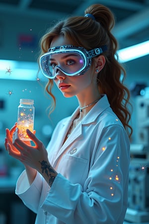 Masterpiece of scientific innovation: A 1:1 scale rendering of the esteemed nano-tech scientist girl, standing tall in a sterile laboratory setting. The subject's fair skin glows with subtle bioluminescent patterns, while her curly-wavy hair features metallic streaks that seem to shift and shimmer. Her expressive eyes, framed by perfect facial features, sparkle with intensity as she gazes upon the vial of swirling nanobots in her hand. The high-tech lab coat, adorned with glowing nanobot patterns and intricate circuitry, perfectly complements her mechanical goggles with holographic lenses. In the background, advanced microscopes and nano-fabrication tools hum with activity, while bioluminescent tattoos on her arms pulse with energy. Tiny mechanical spiders hover nearby, as if drawn to the subject's innovative genius. The overall atmosphere is one of cutting-edge science and futuristic wonder.