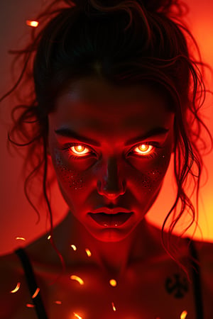 (female),(volcanic_hair),(anger_expression),(volcanic_landscape),(molten_red_glowing_eyes),extreme_closeup,glow_dust,particles,falling_embers,RTX,bloom,tattoos: molten_neon_red_and_orange, abstract_artwork, parted_lips, glowing_eyes, backlight, Volcanic_neon, deep_red_and_black, floating_ember_particles, volcanic_background