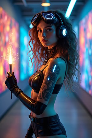 A masterpiece of modern art: Cybernetic Muse. A single cybernetic artist girl stands confidently in a high-tech art gallery, her fair skin glistening with subtle bioluminescent patterns. Curly, wavy hair cascades down her back, infused with metallic streaks that shimmer under the gallery's soft lighting. Her expressive eyes sparkle with creativity as she holds a futuristic paintbrush emitting glowing particles. The tech-infused outfit hugs her physique, adorned with glowing patterns and cybernetic enhancements. Mechanical goggles sit atop her forehead, their holographic lenses reflecting the vibrant colors of the surrounding art. Bioluminescent tattoos on her arms pulse with imagination, surrounded by floating holographic art and digital sparks that dance in mid-air.