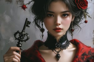 create an painting of hunting effect with terror and horror. also need to be a beautiful lady in red rob and black deep V neck attire with pal skin holding a cursed key made with mithrial black.