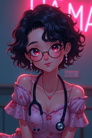 (masterpiece), best quality, expressive eyes, perfect face, 1 girl, glowing neon colors, fair skin, curly and wavy hair, jewelry, solo, flattering frock with floral prints, earrings, backlighting, sitting, stylish dress, stethoscope, simple glasses, short hair, glossy lips, confident pose, playful smile