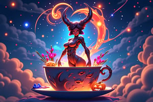 A beautiful, slim, and toned scorpion girl with a voluptuous chest stands within a whimsical teacup environment. The teacup is set against a starry night sky of deep blues and purples, with miniature cosmic landscapes unfolding inside. Glowing, heart-shaped flames dance around her, highlighting her sleek figure and armored exoskeleton, blending deep reds, oranges, and blues. She has sharp features, captivating eyes, and long, elegant pincers, with a toned, graceful body adorned in a form-fitting, cosmic-themed outfit. A glowing jack-o'-lantern sits on the saucer, casting a soft golden glow. The magical scene, filled with floating clouds and stars, combines fantasy and surreal charm, rendered in vibrant colors and high-definition 8k resolution, inspired by fantasy art and Unreal Engine 5