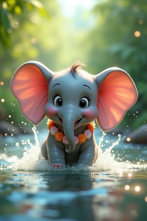 (photorealism:1.2), playful baby elephant, splashing in a shallow river, wearing a tiny flower garland, big ears and happy eyes, surrounded by lush greenery and sparkling water, bright and sunny day, joyful and energetic mood, wide smile with a playful trunk, wearing a tiny anklet, soft blues and greens, late morning, Tropical style, by Lisa Frank, bright colors and lively composition, mid-shot, playful splash, (best quality), (realistic lighting), (8k resolution).
