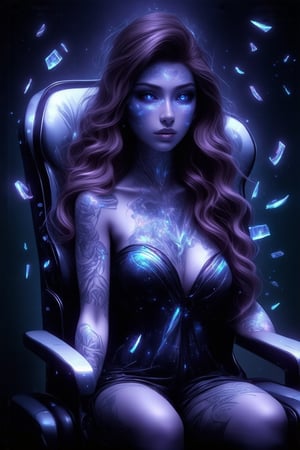 A haunting yet beautiful image of a fair-skinned woman with long, wavy, curly brown hair, working as a memory recycler in a dark, cyberpunk cityscape. The woman is seated in a high-tech chair surrounded by glowing, holographic fragments of people’s memories, which she carefully examines and repurposes. Her attire is sleek and futuristic, and her bioluminescent tattoo glows in a soft, purple hue, symbolizing the emotional depth of her work. The image conveys the delicate task of sorting through personal histories, giving unwanted memories new meaning in a futuristic, dystopian world