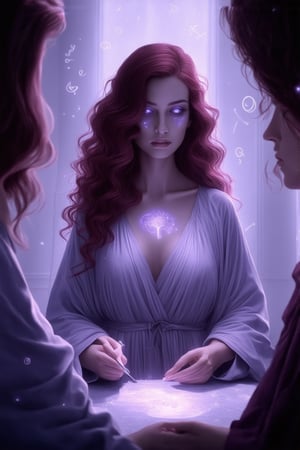 A surreal and mystical image of a fair-skinned woman with long, wavy, curly burgundy hair, working as a dream interpreter in a tranquil, ethereal setting. The scene is set in a serene room filled with soft, ambient light and dreamlike symbols floating in the air. The woman, dressed in flowing, otherworldly robes, listens intently to a client as she deciphers the hidden meanings of their dreams. Her bioluminescent tattoo on her chest glows in a soft, pastel lavender, echoing the soothing and introspective atmosphere. The image blends the subconscious with reality, showcasing the woman's deep understanding of the mysteries of the human mind