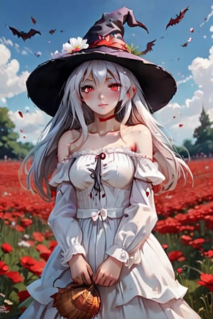 (masterpiece), best quality, expressive eyes, perfect face,Cute witch, witch hat, white hair, long hair, red eyes, white dress, off shoulder, flower field, AddXL, frengstyle, kawaii