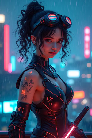 In a sweeping shot, a masterpiece-worthy masterpiece captures the essence of a radiant samurai girl standing atop a rooftop in a neon-lit city at night. Her fair skin glows with subtle bioluminescent patterns as she wears futuristic armor adorned with glowing neon lines and intricate engravings. Curly, wavy hair with metallic streaks frames her face, where expressive eyes shine like beacons. In one hand, she grips the hilt of a glowing katana, its blade pulsing with energy. Mechanical goggles with holographic lenses perch on her forehead, as bioluminescent tattoos on her arms pulse in harmony with the swirling energy waves and floating neon kanji symbols that surround her. Rain falls gently around her, casting a misty veil over the city's vibrant lights.