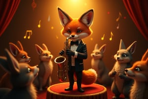 A masterpiece of whimsical wonder! The scene unfolds like a velvet-covered stage: warm golden tones illuminate the cozy jazz club, where a debonair fox donning a tuxedo stands atop a small, glowing stage. Its sleek fur glistens with subtle bioluminescent patterns, while pointed ears tilt playfully as it wields a shiny saxophone. The fox's expressive eyes sparkle mischievously, as if daring the audience to resist its charms. A bowtie and crisp white shirt complement the black tuxedo, exuding suave sophistication. Amidst the vintage decor, floating musical notes dance in harmony with the lively tune, while an elegant gathering of anthropomorphic animals watches with delight, their eyes shining with anticipation for the next note.