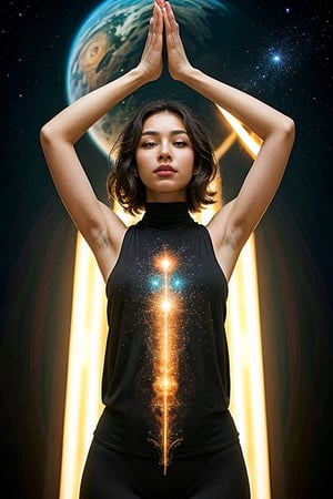 Visualize a serene scene where a graceful figure, crafted entirely of pure water, engages in yoga amidst a cosmic backdrop. Her translucent form radiates tranquility, with visible chakras along her body. Against a backdrop of stars and galaxies, she embodies the interconnectedness of the universe and the boundless potential of the human spirit.