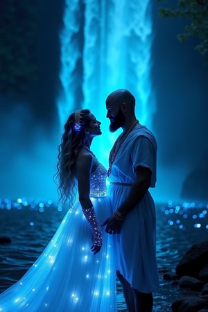 In a dynamic floating frame, a mystical scene unfolds. A flowing bioluminescent dress adorns the woman's wavy hair, which glows in shades of blue and silver. Her locks cascade down her back like a river of light. Beside her, a bald man wears a glowing tunic, his beard shining with an ethereal radiance. Together, they stand at the edge of a majestic waterfall, its vibrant bioluminescent glow reflecting off their clothing. The water's surface appears as a tapestry of twinkling lights, surrounded by soft bioluminescent reflections. In the background, the colorfully bioluminescent waterfall print glows with an otherworldly intensity. The overall mood is one of enchantment, as the couple's lindos olhos offtalhados (beautiful, glowing eyes) meet in a gaze that seems to transcend the mystical realm.