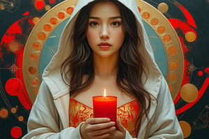 Create a stunning line art portrait of a beautiful 27-year-old woman, wearing a hoodie with a corset and a bold red and gold outfit, holding a red candle in one hand. Her dress exposes her upper chest tastefully. Surround her with elementary geometric patterns like circles, triangles, and squares, integrated into the design of her outfit and background. The focus should be on clean lines, emphasizing her facial expression and form while blending her silhouette with the abstract geometric elements for a balanced, artistic effect.