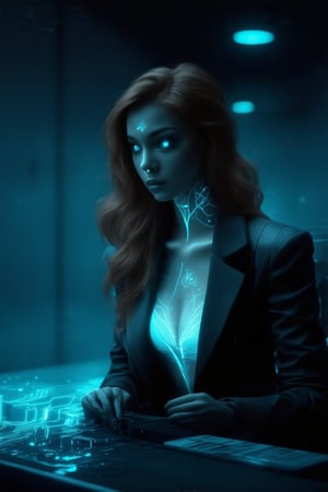 A dimly lit, minimalist office with polished concrete floors and sleek lines dominates the framing. Soft, warm lighting highlights the subject's features as she sits at a glowing console, surrounded by subtle, pulsing circuitry. Her long, wavy, curly brown hair cascades down her back like a rich, earthy waterfall. The fair-skinned woman wears a futuristic business suit with clean lines and a hint of metallic sheen, emphasizing her role as an emotional algorithm designer. Her bioluminescent tattoo on her chest glows in a calming cyan blue, contrasting with the cool, clinical surroundings. As she works, her gaze is intent, lost in the programming of emotions into machines that will soon understand humanity's depths.