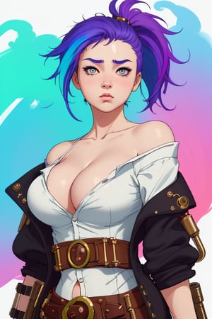 (masterpiece), best quality, expressive eyes, perfect face, 1girl, Minimalist, Girl, Minimalist Girl, open shirt, off shoulder, rainbow hair, colorful background, chubby dragon near her, steampunk style, 