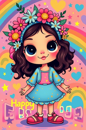 A vibrant, pop-art style illustration of a cute dandarum inspired girl in the style of Lisa Frank. The girl  is playful and whimsical, with large, expressive eyes, pastel-colored body parts, and tiny flower made crown adorned with colorful flowers. The background is filled with rainbow patterns, stars, and hearts in retro pop art style, creating a lively and fun atmosphere , show "Happy Birthday" in funny color nd style