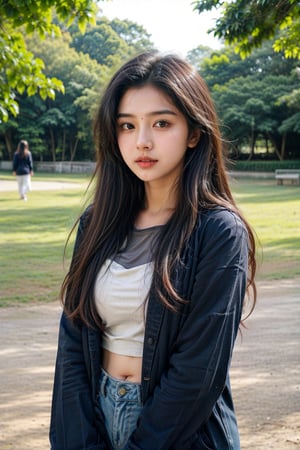 beautiful cute young attractive indian teenage girl, village girl, 18 years old, cute,  Instagram model, long black_hair, colorful hair, warm, in park runy, indian