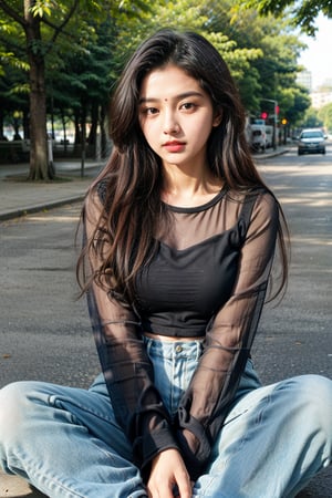 beautiful cute young attractive indian teenage girl, village girl, 18 years old, cute,  Instagram model, long black_hair, colorful hair, warm, dacing, in road sit at  park, indian