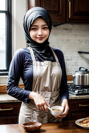 Potrait of Islamic wife, beautiful, cooking for her husband, making cup of coffee, smiling, happy, wearing apron, at kitchen, 

Perfect photography technic, 
Bokeh, DSLR, 