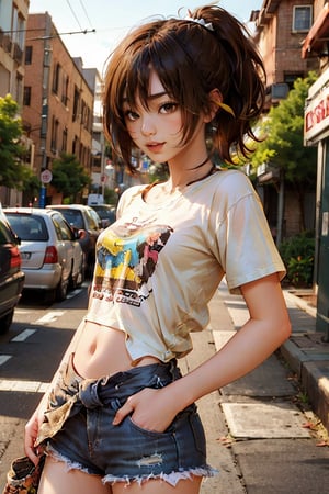 masterpiece, best quality, 1girl, solo,  ponytail, t-shirt, head to waist bodyshot, happy, outdoors, street, lamppost, hair bow, (pretty girl:1.2), realistic, raw photo, low key, illustration, (small eyes:1.2), (yellow brown hair:1.3),photorealistic, 21 years old female, 