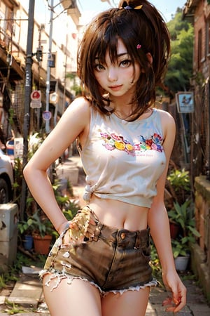 masterpiece, best quality, 1girl, solo,  ponytail, t-shirt, head to waist bodyshot, happy, outdoors, street, lamppost, hair bow, (pretty girl:1.2), realistic, raw photo, low key, illustration, small eyes, (yellow brown hair:1.3),photorealistic, 21 years old female, 