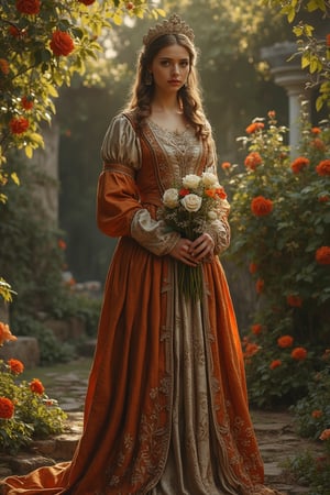 A medieval beauty princess, standing gracefully in a lush garden, surrounded by blooming flowers and verdant greenery. The princess wears a flowing gown of rich silk, adorned with delicate lace and embroidery. The garden is bathed in the soft, golden light of the setting sun, casting a warm glow on the scene. The princess holds a posy of flowers, her expression serene and contemplative. The composition is centered on the princess, with the garden's vibrant colors and intricate details enhancing the tranquil atmosphere.