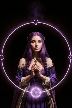 a medieval gypsy witch, with long violet hair, in a magic circle, high quality, high resolution, high precision, realism, color correction, proper lighting settings, harmonious composition.,tempestmagic,Circle,Fantasy