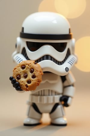 Close-up shot of a tiny, adorable chibi Stormtrooper grasping a classic chocolate chip cookie in its gloved hand. Soft, warm lighting highlights the trooper's endearing helmet features and the cookie's crispy edges. The background is a blurred, creamy white to emphasize the cookie's golden goodness. The Stormtrooper's pose exudes excitement and joy as it proudly holds up its sweet treat.