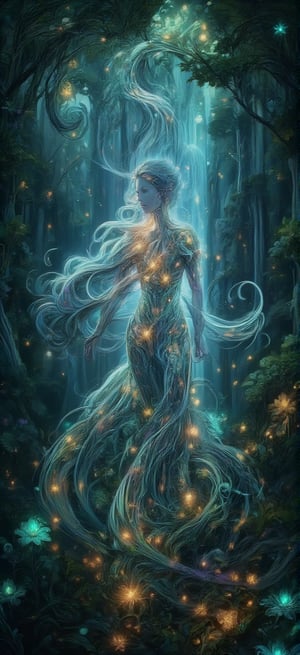 Create an image of a young woman standing in a lush, enchanted forest at twilight. She has flowing, silver hair that catches the fading sunlight, and her eyes glow faintly with a mysterious, magical aura. Her dress is made of delicate, shimmering leaves and flowers that seem to blend with the surrounding nature. Fireflies swirl around her, illuminating the scene with soft, ethereal light. In the background, towering ancient trees twist with vines, and a hidden waterfall glows faintly with bioluminescent plants. The style is a mix of Art Nouveau and high fantasy, with intricate linework and vibrant, enchanting colors.